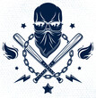 Gang brutal criminal emblem or logo with aggressive skull baseball bats and other weapons and design elements, vector anarchy crime terror retro style, ghetto revolutionary.