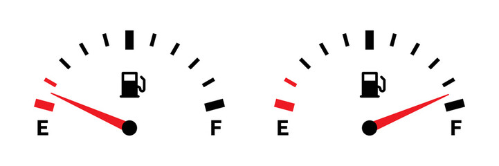 Gasoline fuel gauge symbol. Fuel indicator icon set. Full and empty fuel tank gauge scale icon isolated on white background.