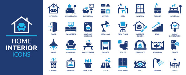 Home interior icon set. Furniture and house decoration vector illustration. Solid icons collection.