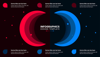 Infographic template. Dark circle with two sides and 6 steps
