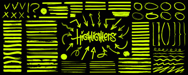 Hand-drawn marker highlighters, underline, lines, round, arrows, punctuation marks, tick marks and sketch. Highlighters, hand drawn underline. Handwritten notes for text or on a school board. Vector	
