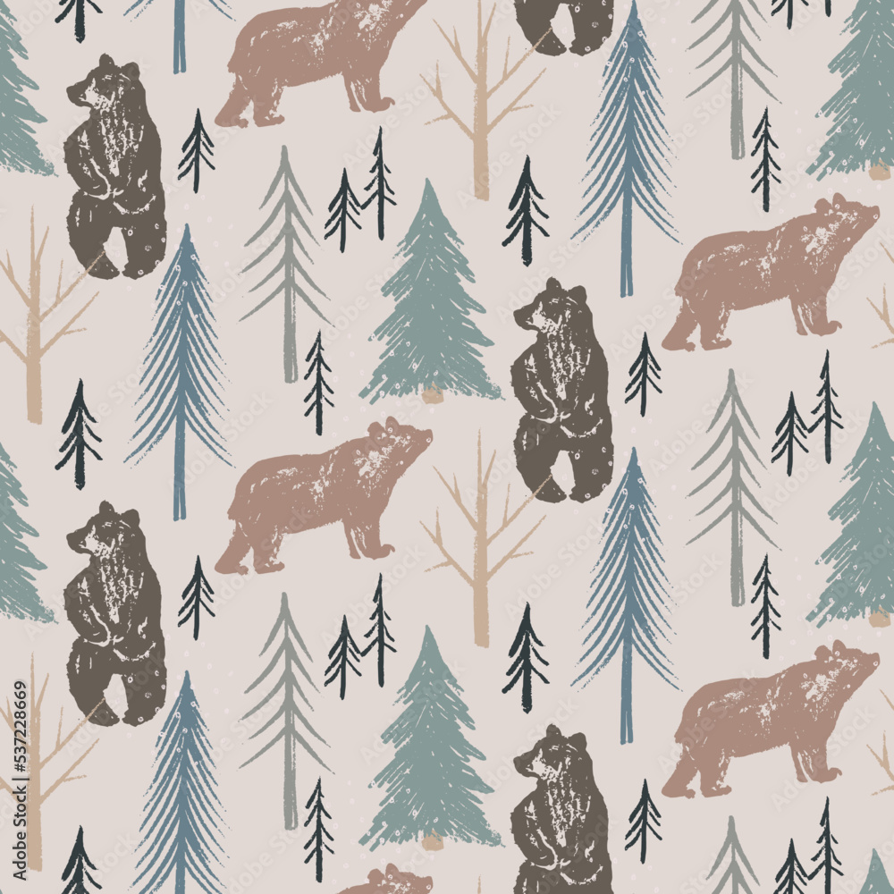 Vector Christmas seamless pattern with hand drawn winter forest trees ...