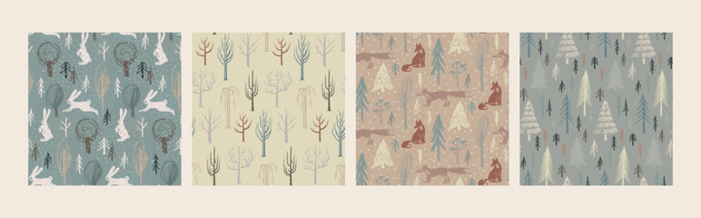 Wall Mural - Set of four vector Christmas seamless patterns with hand drawn winter forest trees, animals, abstract texture.