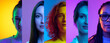 © master1305 - Cropped portraits of different young people, boys and girls on multicolored background in neon light. Collage made of 5 models. Positive emotions, diversity