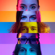 © master1305 - Confidence. Collage of close-up male and female eyes isolated on colored neon backgorund. Multicolored stripes. Concept of equality, vision, emotions