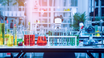 Laboratory research, test tubes with lab glassware, science laboratory research and development concept