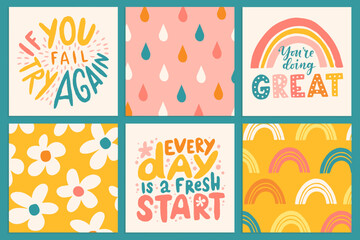 Wall Mural - Hand drawn lettering motivational quotes set. Inscriptions and cute pattern. Perfect design for greeting cards, posters, T-shirts, banners, print invitations. Self care concept.