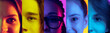 © master1305 - Multiethnic youth. Closeup faces of young people on multicolored background in neon light. Collage made of half of faces of male and female models.