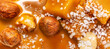 Salted caramel  background.  Caramel with sauce, nuts and salt. Pattern, Wallpaper