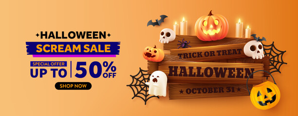Wall Mural - Halloween Sale Promotion Poster template with Old wooden board, Halloween pumpkins,cute ghost,skull and Halloween bucket.Website spooky or banner template.Vector illustration eps 10