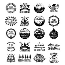 Merry Christmas Quotes Vector Set. For A Postcard, Banner, Window, Wall Decor, Paper Cutting, Laser Cut, Printing On T-shirts, Pillows. Holidays Text. Isolated On White Background.