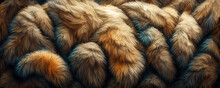 Wallpaper Background Of Brown Soft And Fluffy Pelt. Expensive Fur Fabric Texture. Fluff Textures In A Close Up View Of Animal Coat Textile. Wavy Natural Animal Hair In A Textured Pattern.