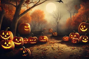 Sticker - Halloween pumpkins on rocks in a forest at night generative ai