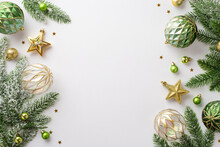 Christmas Decorations Concept. Top View Photo Of Gold And Green Baubles Balls Star Ornaments Confetti And Pine Branches On Isolated White Background With Empty Space
