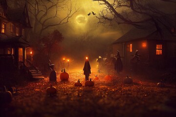 Poster - Halloween pumpkin head jack lantern with burning candles Generative AI