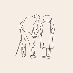 Elderly couple in continuous line art drawing style. Senior man and woman walking together holding hands. Minimalist black linear sketch isolated on white background. Vector illustration