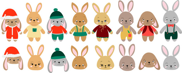 Wall Mural - rabbits collection, hares set cartoon on white background, isolated vector