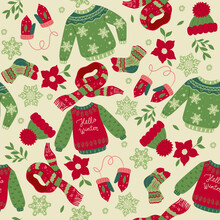 Seamless Pattern With Winter Sweaters, Socks, Hats, Scarves. Vector Graphics.