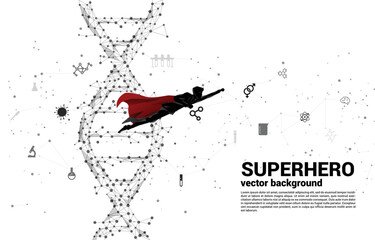 Poster - Silhouette of businessman in superhero flying with DNA genetic structure from dot connect line polygon. background concept for biotechnology and biology of super businessman.