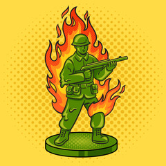 Canvas Print - toy plastic soldier on fire pinup pop art retro vector illustration. Comic book style imitation.