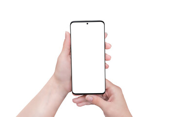 Sticker - isolated phone in woman hands png transparent. smart object display for mockup, app or web page desi