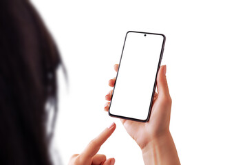 Poster - Isolated modern phone mockup in woman hands. PNG transparent