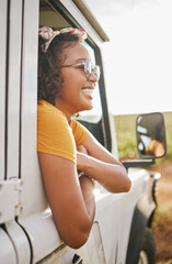 Canvas Print - Girl, relax and window in off road car for summer travel holiday in the Colombia countryside. Colombian woman resting in vehicle for vacation journey with excited, happy and satisfied smile.