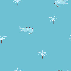 Sticker - Crocodile seamless minimalistic pattern with palm trees. Cute cartoon characters on a blue background. Hand-drawn illustrations in Scandinavian style. Ideal for baby test, clothing, wallpaper.