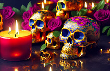Gold Skull For Dia De Los Muertos - Day Of The Dead With Candles And Flowers