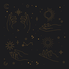 Wall Mural - astrology and esoteric elements, human hands with stars in boho style. spirituality and magic symbol