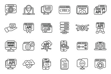 API icons set outline vector. Code develop. Computer software