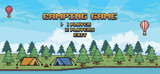 Fototapeta  - Pixel art camping game with pine forest, tents, bonfire, river, balloons and blue sky landscape background for 8 bit game