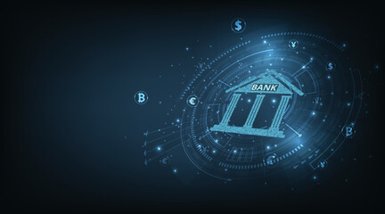 Poster - Concept of Banking and Finance.Banking Technology concept.Isometric illustration of bank on dark blue technology background. Digital connect system.Financial and Banking technology concept.