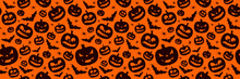 Happy Halloween Seamless Pattern Illustration With Cute Pumpkin And Flying Bats On Orange Background. Vector Autumn Holiday Design Template For Greeting Card, Flyer, Banner, Celebration Poster Or