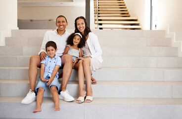 Poster - Family, stairs and smile in new home, property or mansion together for mockup portrait. Parents, children and happy in luxury house, real estate or apartment with happiness on face while on staircase