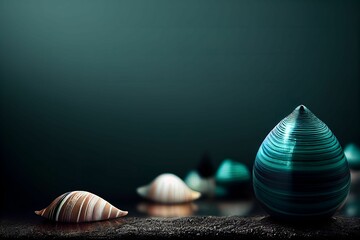 Wall Mural - Closeup of different shaped seashells under light on dark blue background, composition. 3D rendering