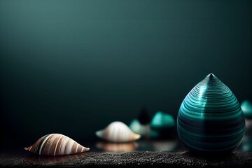 Poster - Closeup of different shaped seashells under light on dark blue background, composition. 3D rendering