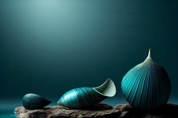 Wall Mural - Closeup of different shaped seashells under light on dark blue background, composition. 3D rendering