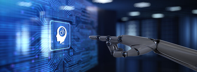 Wall Mural - machine learning artificial intelligence neural network. robot hand pressing button 3d render.