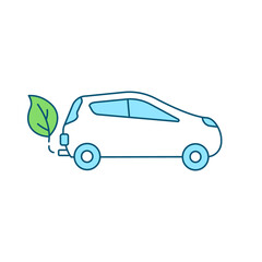 Sticker - Electric car RGB color icon. Hybrid vehicle. Alternative energy. Fuel efficient auto. Battery charging. Isolated raster illustration. Simple filled line drawing