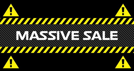 massive sale text between industrial ribbons and warning signs 4k