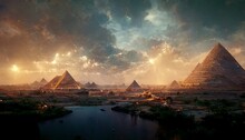 The Great Pyramids And Nile River 3d Illustration - The Great Pyramids Stand Majestically Over The Nile River Running Through The Land Of Egypt. 