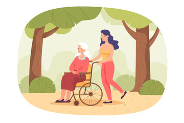 Wall Mural - nurse on walk with senior patient in wheelchair. young woman helping or taking care of elder person 