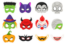 Different Halloween Masks For Children Vector Illustrations Set. Collection Of Designs For Creepy Masks Of Witch, Vampire, Mummy, Clown Isolated On White Background. Halloween, Holidays Concept