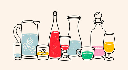 Wall Mural - Different liquids in Various containers. Colorful beverage in the bottle, glass, jug, cup and mug. Hand drawn modern Vector illustration. Bar, restaurant menu design template