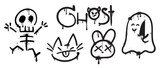 Fototapeta Młodzieżowe - Set of graffiti spray pattern. Collection of halloween symbols, cute ghost, cat, skull, skeleton with spray texture. Elements on white background for sticker, banner, decoration, street art, halloween