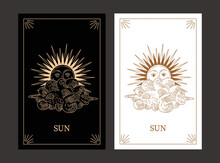 Tarot Cards. Vector Linear Illustration Of Sun And Cloud. Hand-drawn Celestial Illustrations. The Sun Is Hiding Behind A Cloud. Design Elements For Decoration In Modern Style. Magical Drawings.