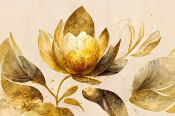 Wall Mural - elegant flowers with golden leaf and twigs on light background. seamless pattern of hand-drawn brush