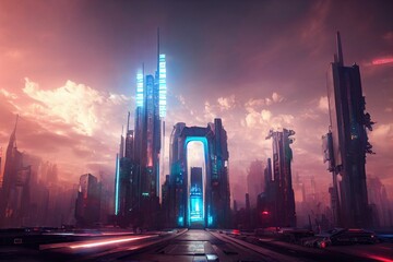 Futuristic cyberpunk city with a grand gate, skyscrapers and high towers