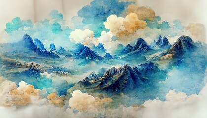 Canvas Print - Minimalistic mountain landscape with watercolor brush in Japanese traditional style. Wallpaper with abstract art for prints or covers. 3d artwork